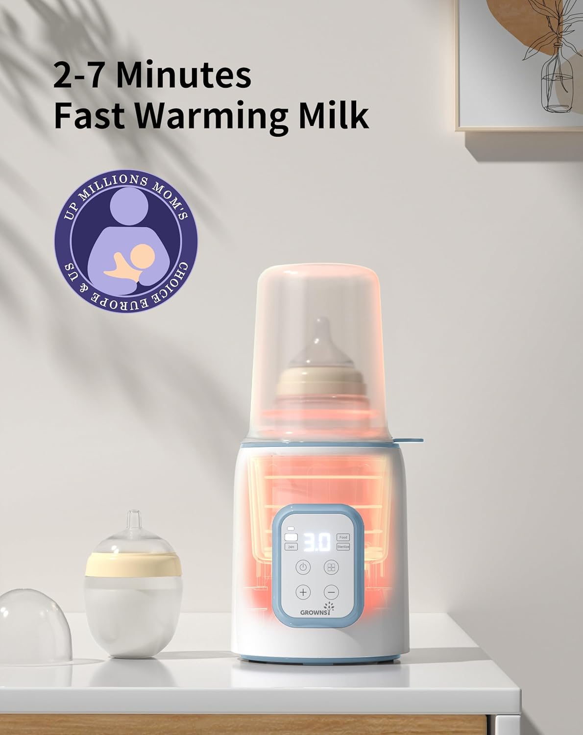 GROWNSY Bottle Warmer, 2024 Fast Baby Bottle Warmer for Breastmilk & Formula, Smart Temperature Control, with Timer, Thaw, Food Heater, Night Light, Calentador De Biberones for All Bottles